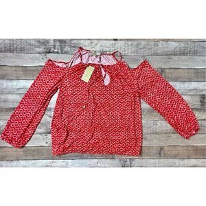 2/$35 Michael Kors Orange Red Open Shoulder Keyhole Blouse LARGE NWT Bohemian